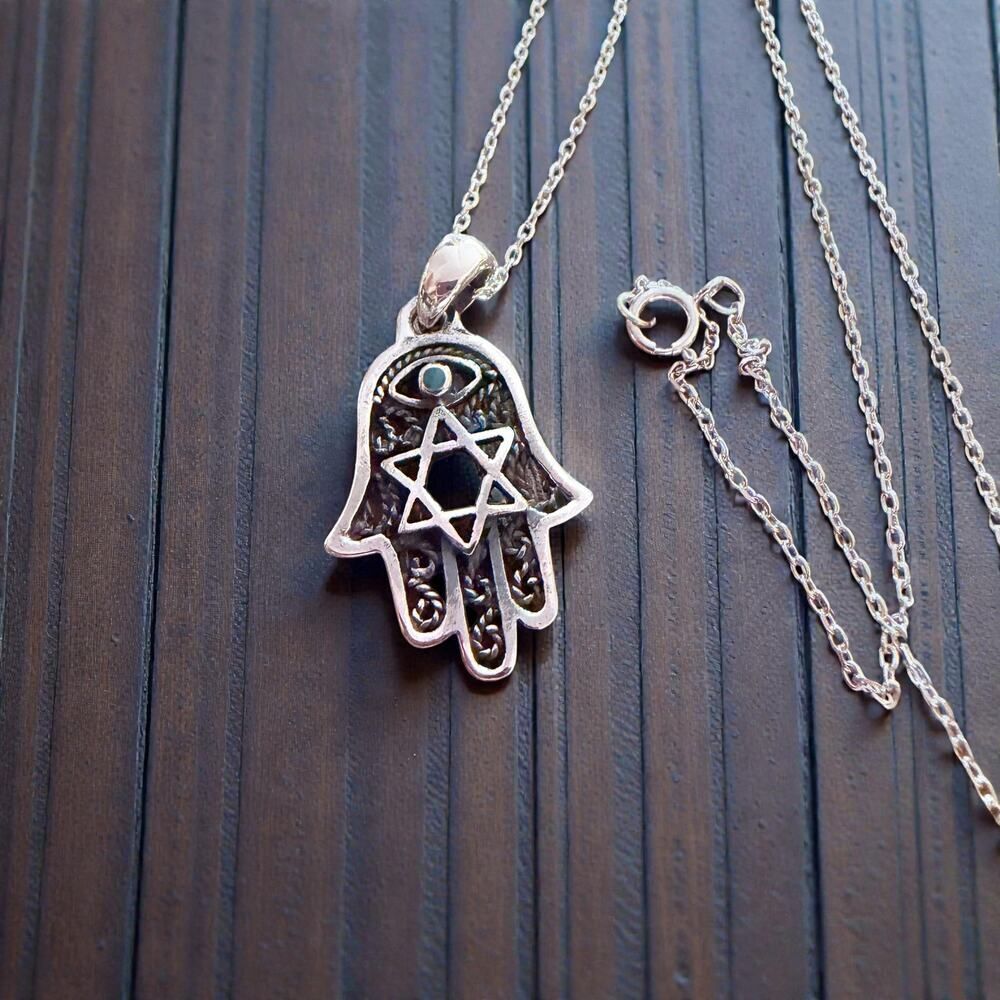 Sterling Siver Hamsa Hand Necklace Star of David Turquoise Pendant